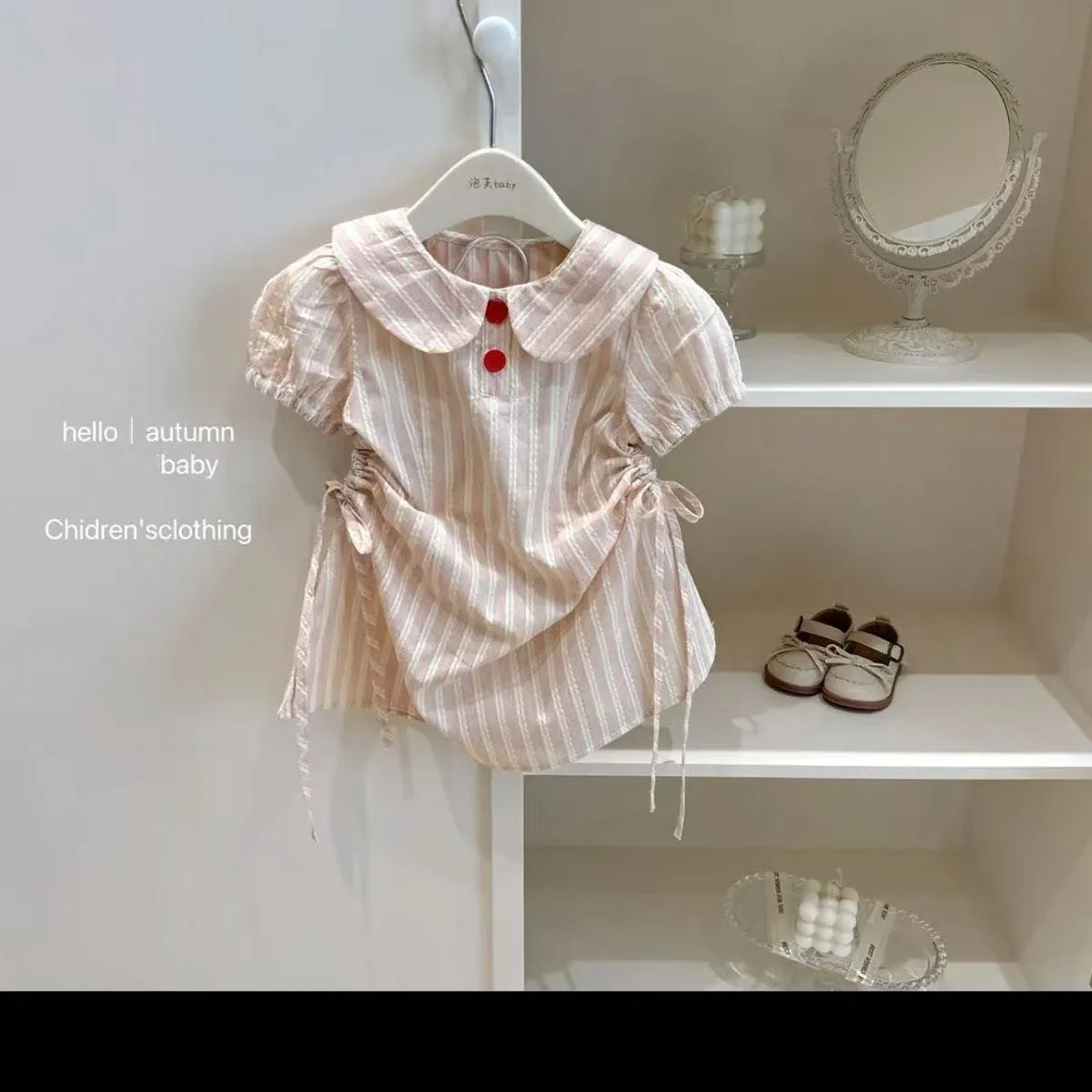 

Baby Girl striped Short Sleeved Dress Summer New Style Children's Waist Cinched Pink Dress Kids Clothing