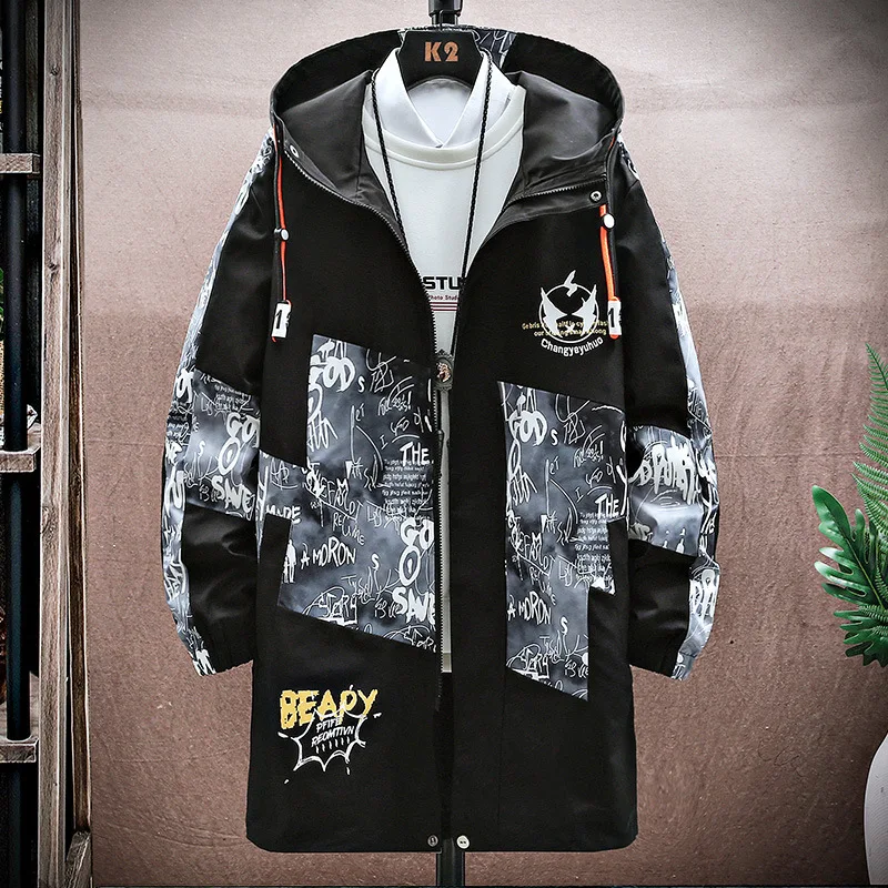 

Black And White Windbreaker Men's Mid-Length Jacket Spring And Autumn Youth Hooded Top Men's Wear