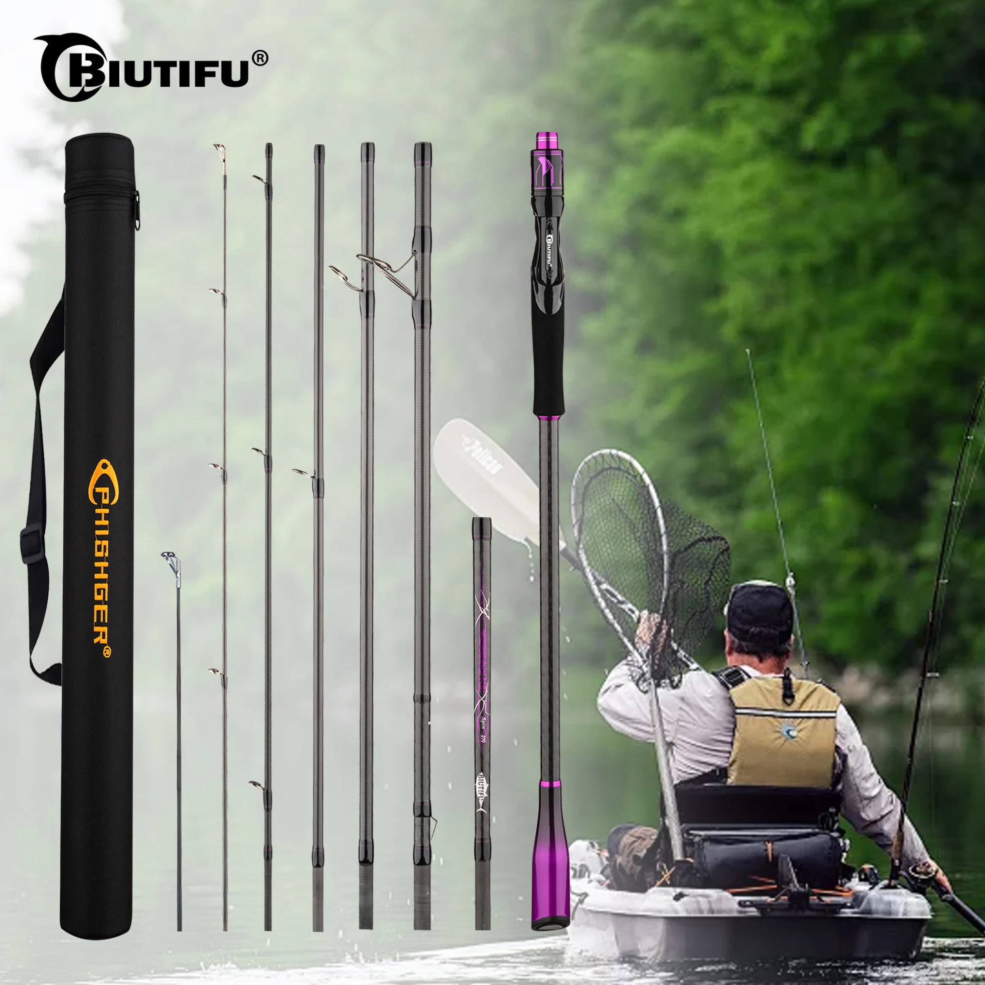 BIUTIFU Traveller+ Spinning Casting Lure Fishing Rod 2.1/2.7/3.3m T1000 Carbon Baitcasting 5-60g Length Adjustable With Tube Bag