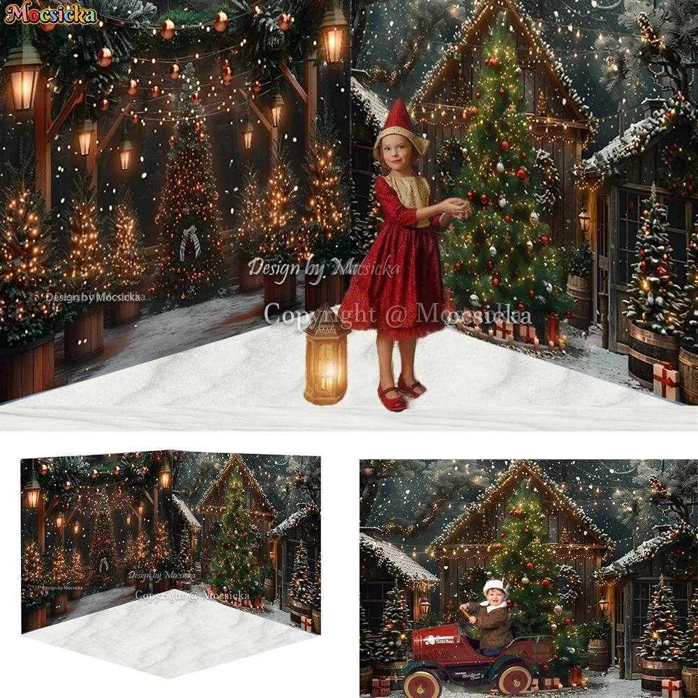 

Christmas Tree Farm Photography Background Snowy Night Wooden House Glitter Lights Background Decor Children Family Photo Studio