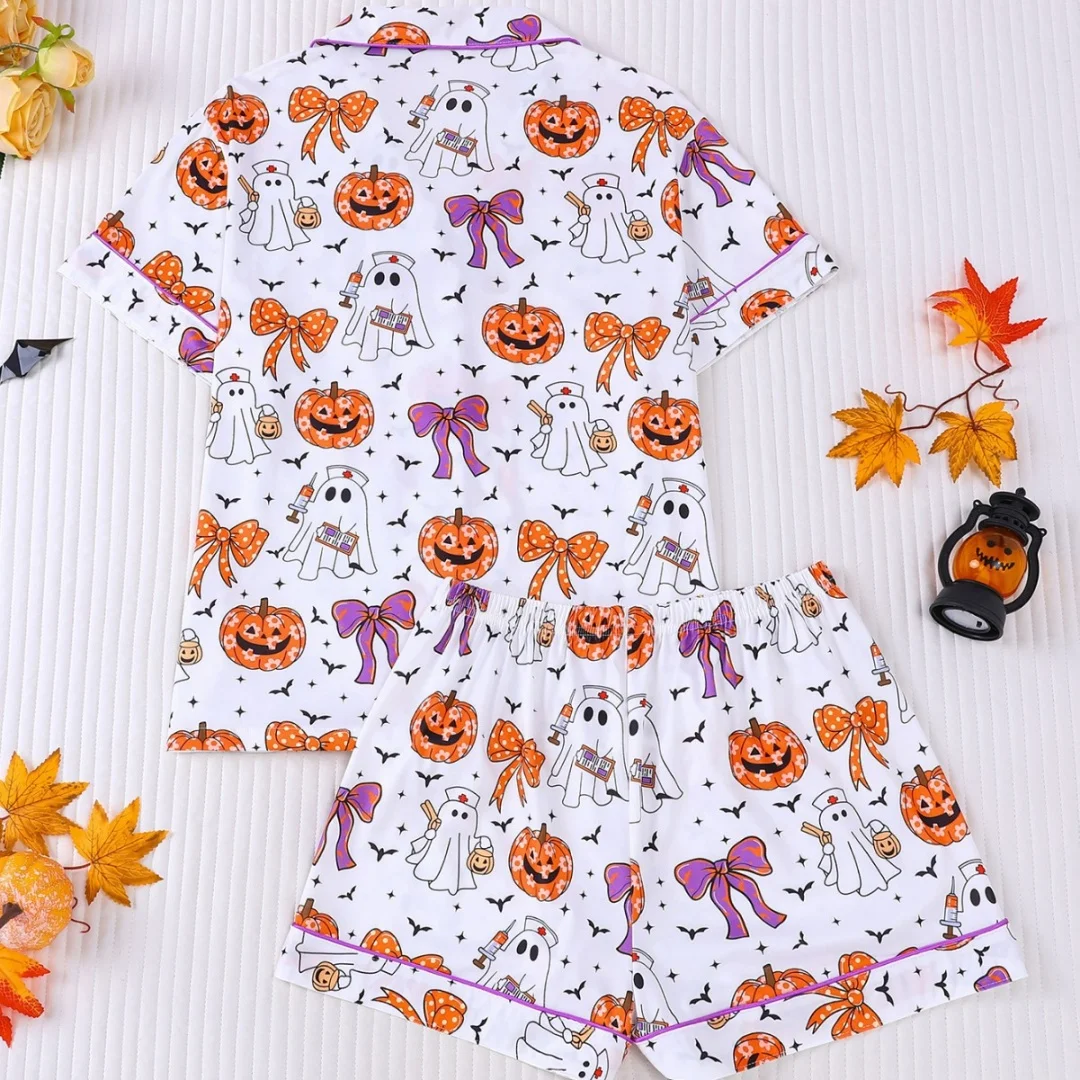 Halloween Themed Pumpkin Ghost Print Pajamas Set for Women Loungewear Home Wear with Lapels Short Sleeves and Shorts Pants