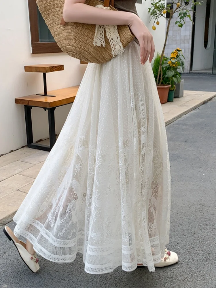 

High-End French Elegant Lace Hollow Out Pleated Skirt For Women Autumn Winter Elastic Waist Mid Length A-line Big Swing Skirt