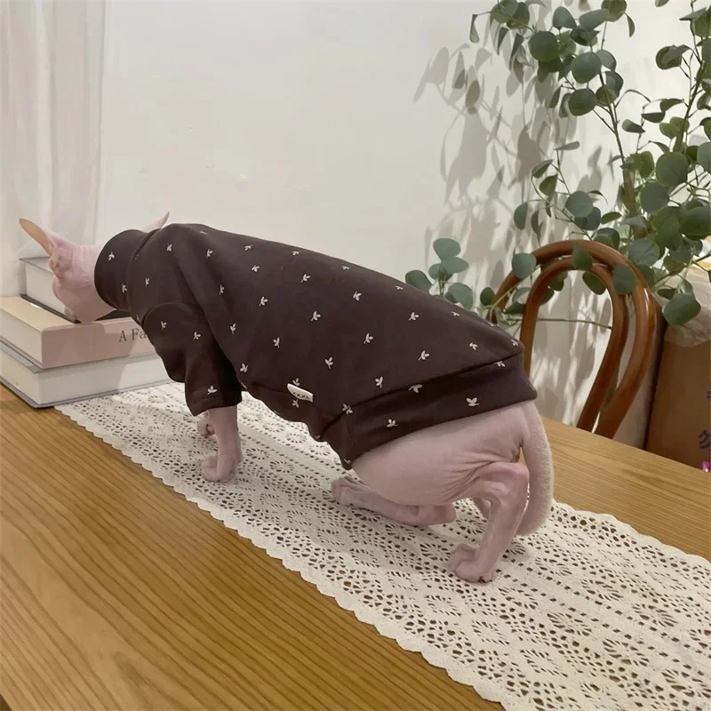 Cat Clothing for Winter Thick Cotton Floral Coat for Sphinx Spring Coffee Undershirt for Cats Soft Loungewear for Hairless Cat