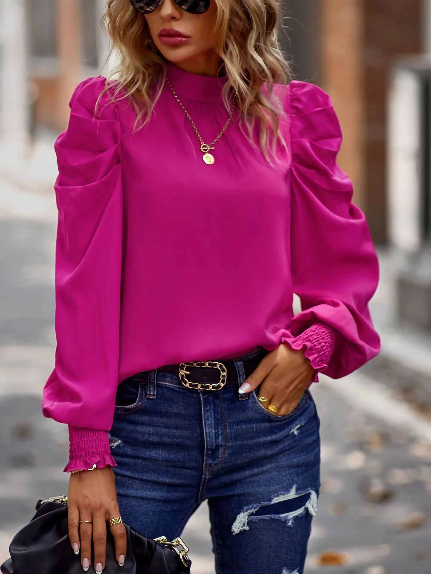 Casual Turtleneck Long Sleeve Shirt Blouse Office Lady Autumn Fashion Elegant Solid Puff Sleeve Shirts For Women 2023 Tops