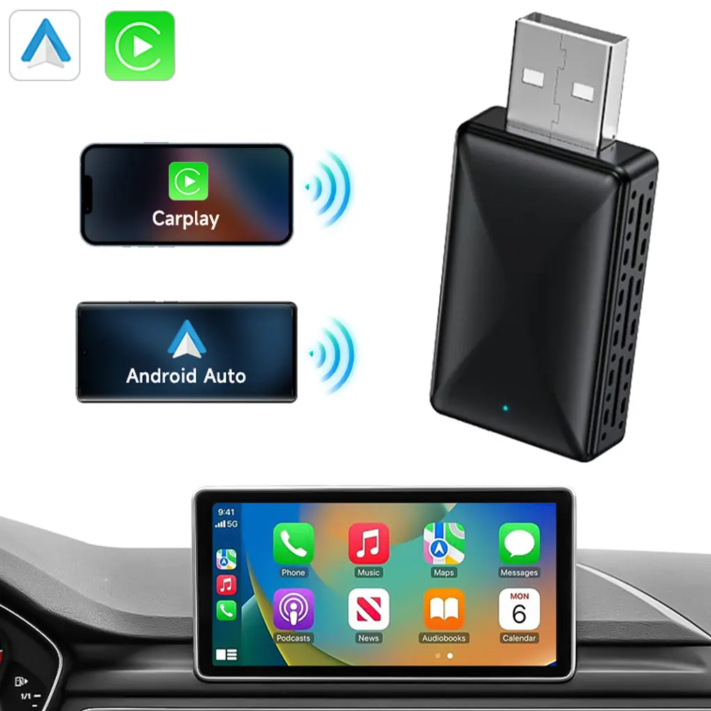 Adaptador Auto Android sem fio Carplay, 2 em 1 Mini Dongle USB, com fio para plug and play sem fio, WiFi, BT, Conexão automática, OEM, Fábrica