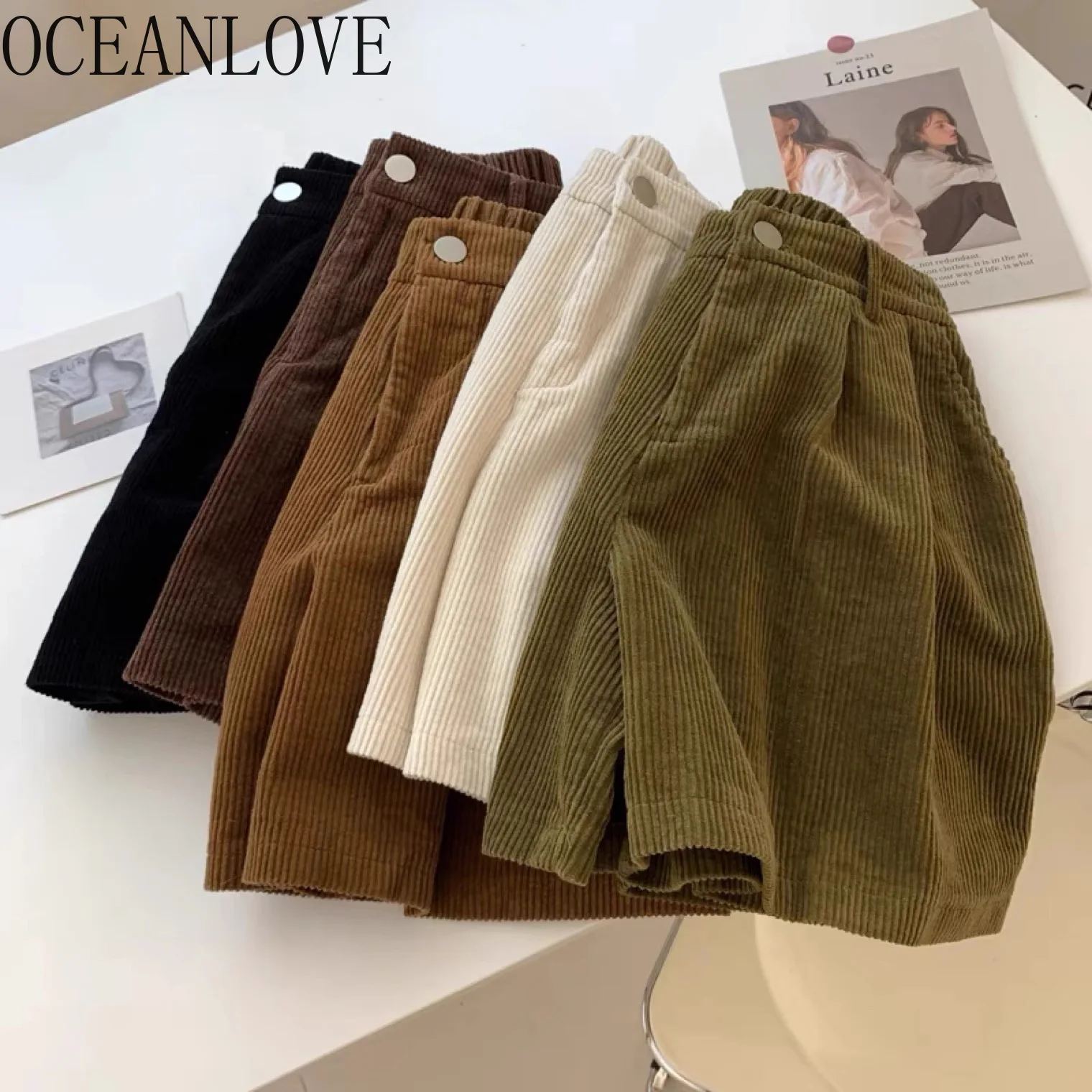 OCEANLOVE Pantaloncini di velluto a coste Mujer Stile giapponese Vintage Autunno Inverno Pantaloni larghi da donna a vita alta semplici Pantalones Cortos