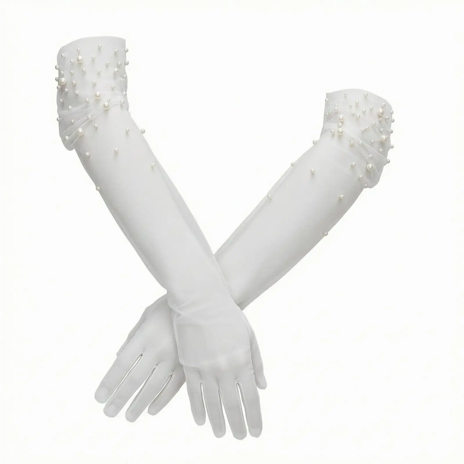 Long Opera-Style Fingered Gloves Ornamental Translucent Mesh Formal Gloves with Pearl Bead Embellishments Lightweight for