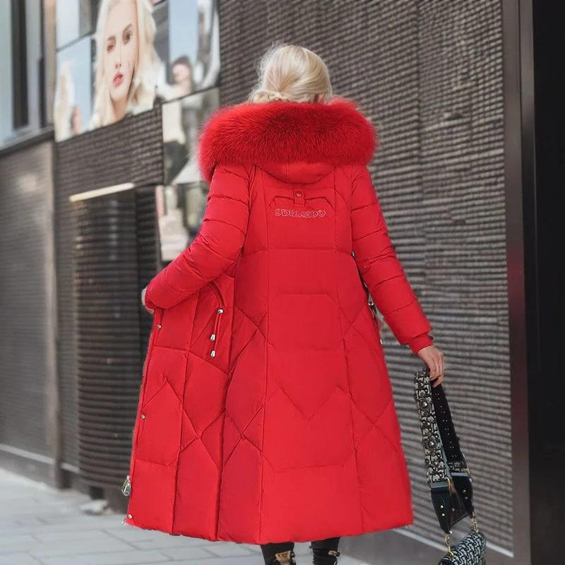 Manteau long en coton pour femme, veste bouffante au-dessus du genou, grand col en fourrure optique, parka à capuche chaude, pardessus en coton,