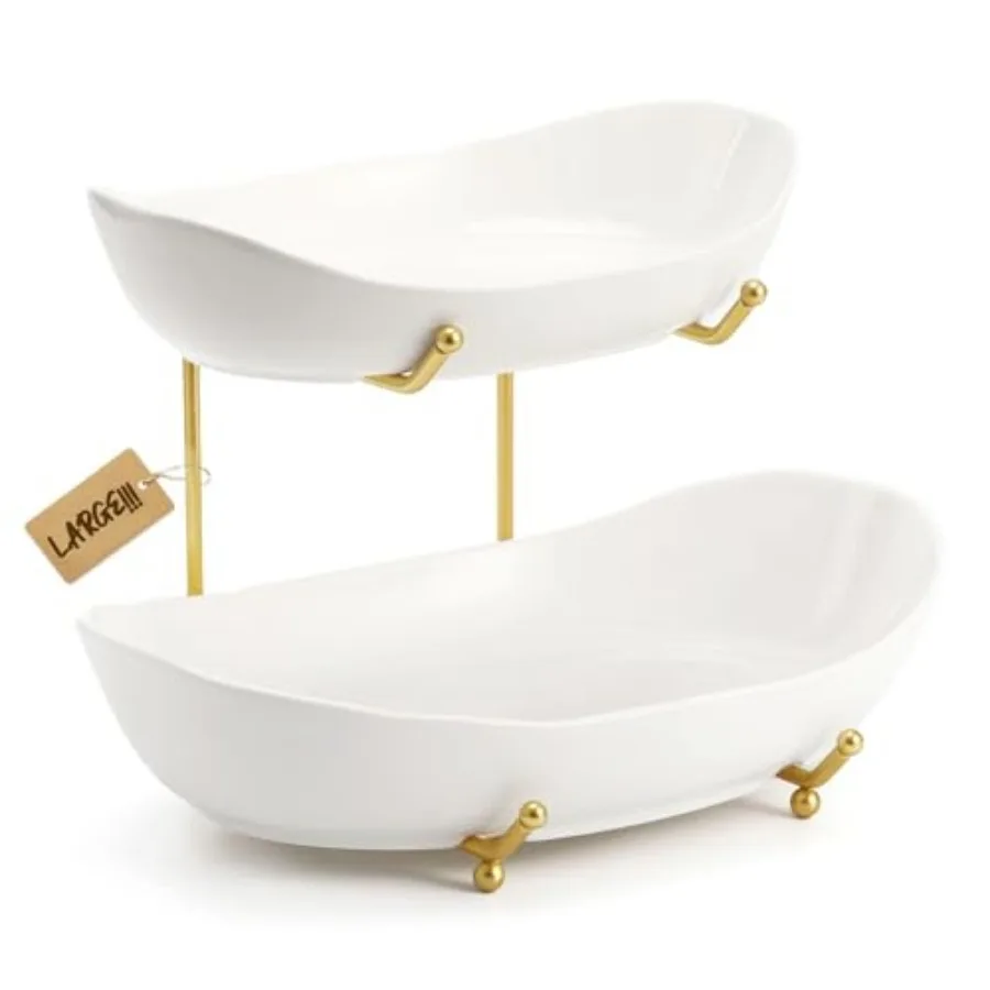

Size Ceramic Fruit Bowl, 13.4 and 11 inch Plate More Storage Space, Golden Metal Stand for Kitchen Counter, Porcelain Fruit Bas