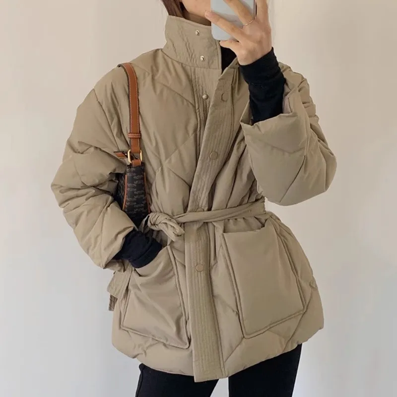 Winter Down Parkas Korean Women Belted Solid Loose Thicken Warm Cotton Padded Jackets Winter Warm Coats Female Outerwear C-001