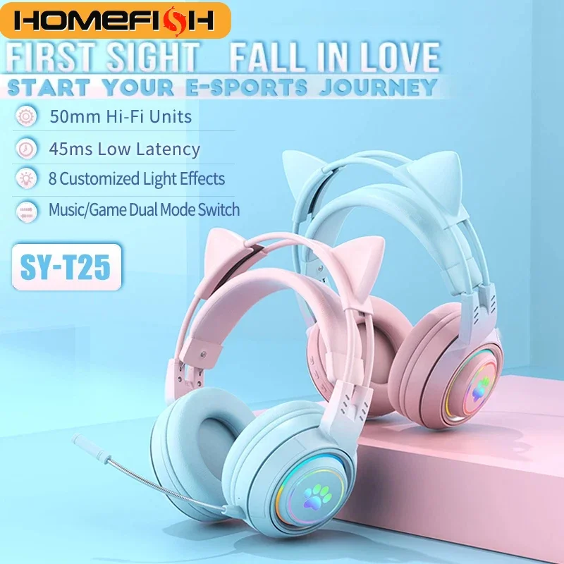

Беспроводная игровая гарнитура HOMEFISH SY-T25 с кошачьими ушками, низкой задержкой 45 мс, 10 часами работы, RGB LED подсветкой, микрофоном ENC для ПК, PS, Switch, телефона, подарок для девушек