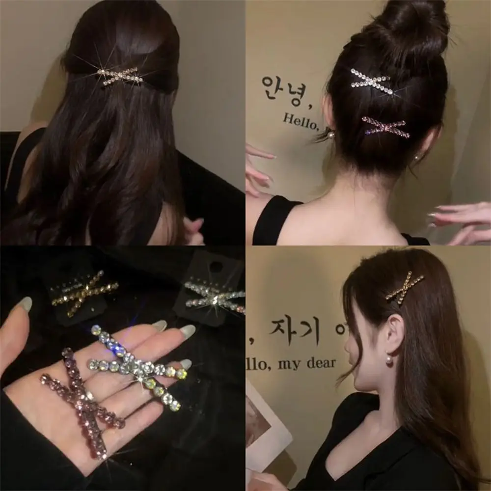 Creative Zircon Rhinestone Hair Clip Diamond X-shaped Cross Hairpin Geometry Headwear Streetwear