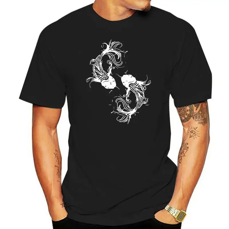 Trendy Creative Graphic T-shirt Top Black Coton Mens Two Koi Fish Japanese Simple Jersey Fashion Mens Short sleeve T Shirt