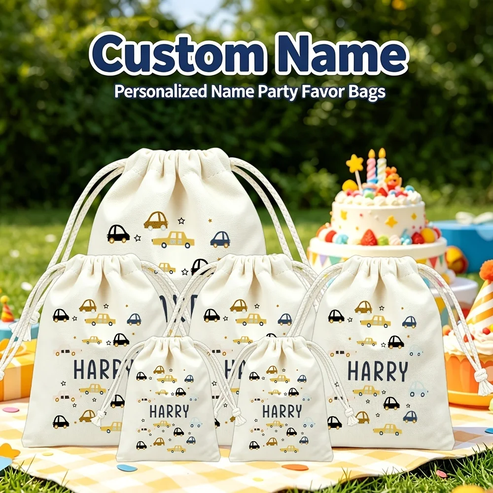 1Pc Custom Name/Text Imitation Hemp Gift Bag, Car Theme Drawstring Closure Storage Bags, Suitable for Birthday Party Candy Bag