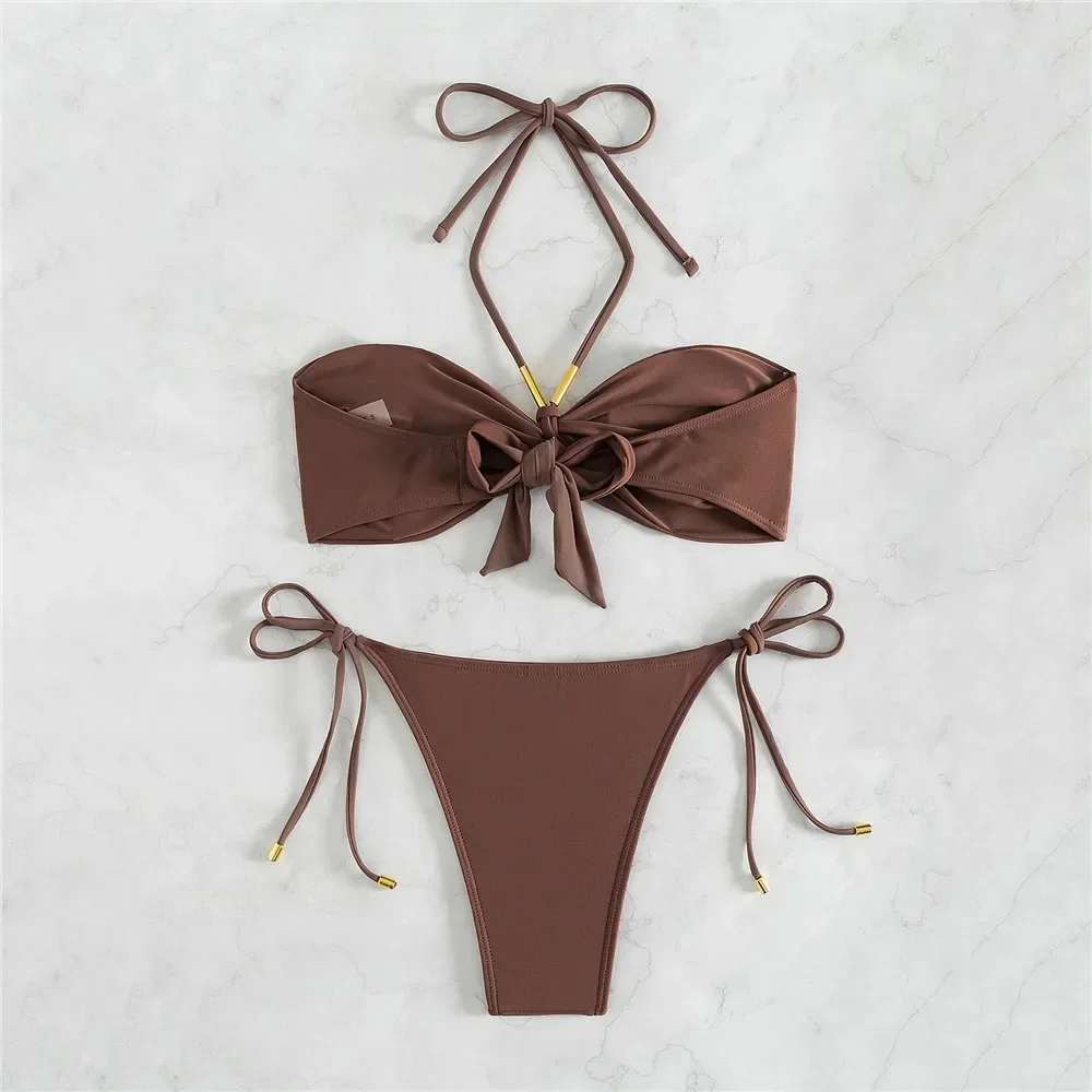 Brown Swimwear String Halter Bandeau Bikinis Sets Micro Thong Sexy Swimsuit Women Back Knotted Bathing Suit Bikini Mujer 2025