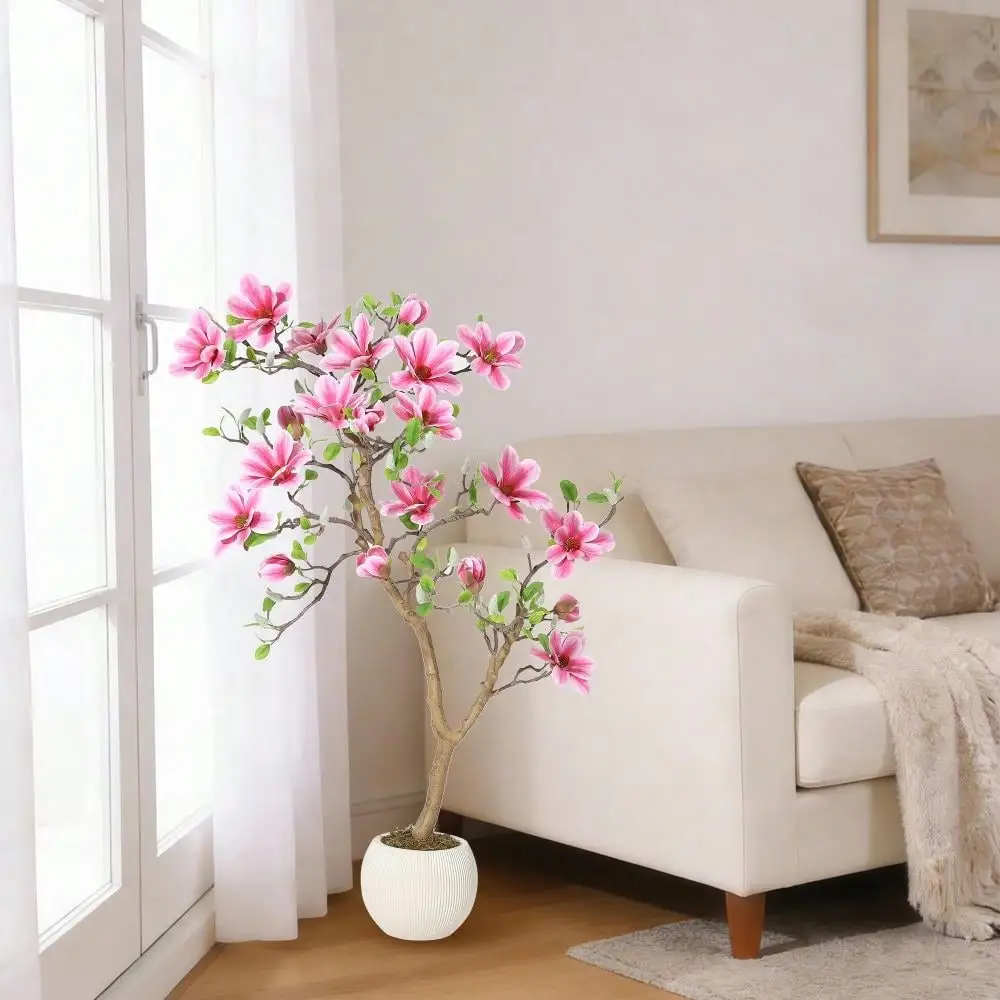 

Artificial Magnolia Tree With Soft Pink Blooms,Realistic Silk Floor Plant For Indoor Outdoor Home Office Decor, No Maintenance Require
