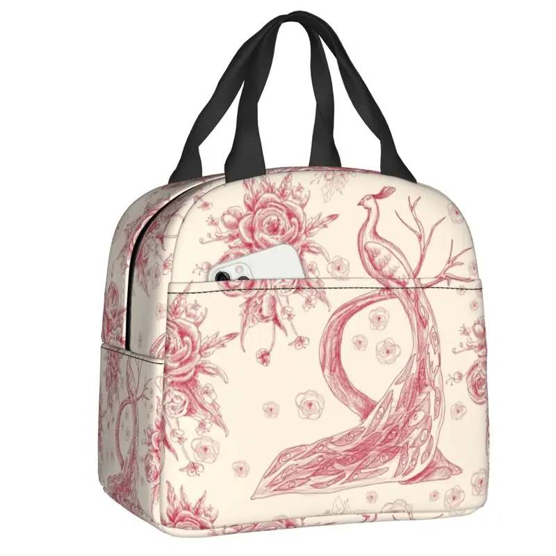 Toile De Jouy Rose Insulated Lunch Bags for Women French Motif Flora Portable Thermal Cooler Bento Box Outdoor Camping Travel