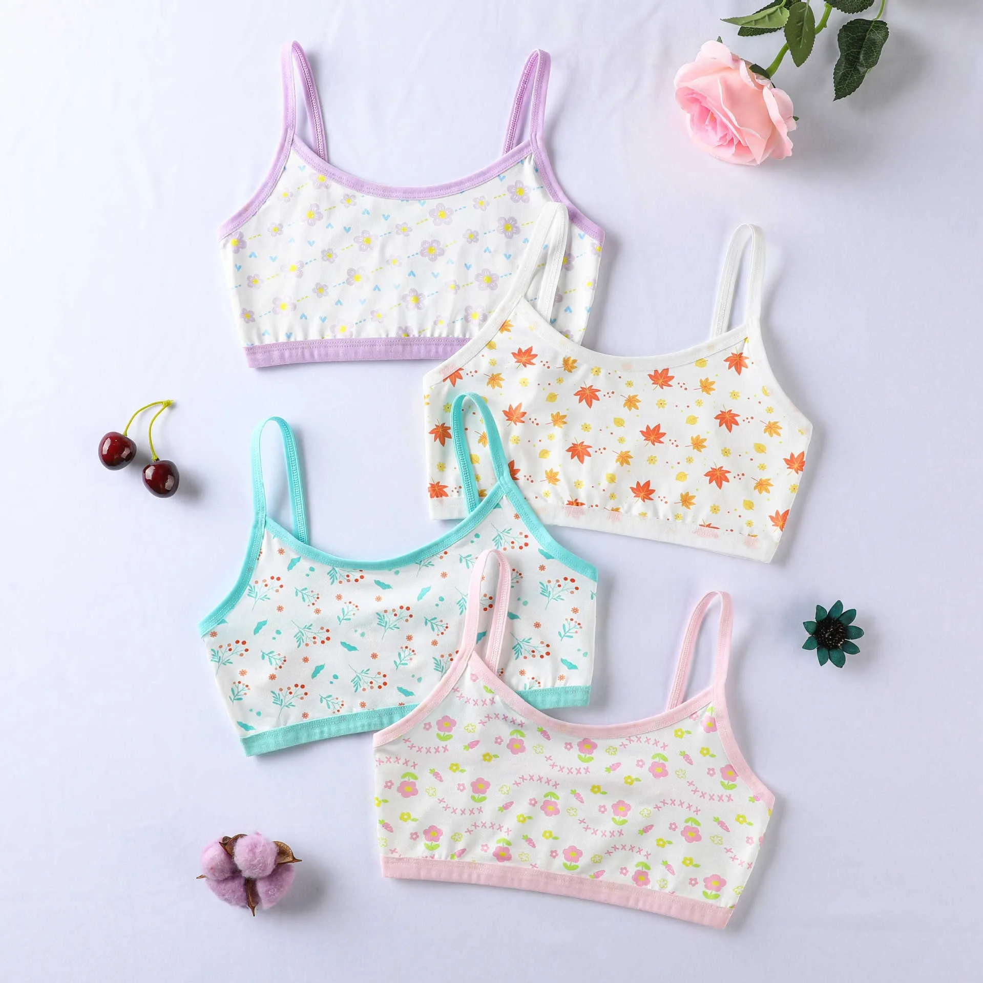 4 Pcs/Pack Wireless Girls Training Bras Soft Children Breast Care Adolescent Girls Bras Floral Student Kids Sports Vest Tops