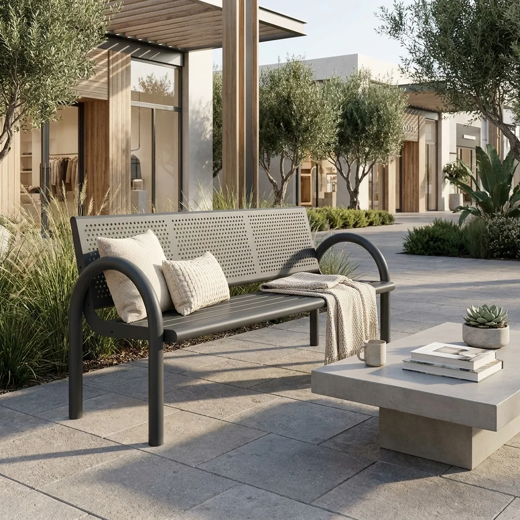 #Perforated Steel Park Bench, Powder Coated Outdoor Patio Bench for Public Square, Garden