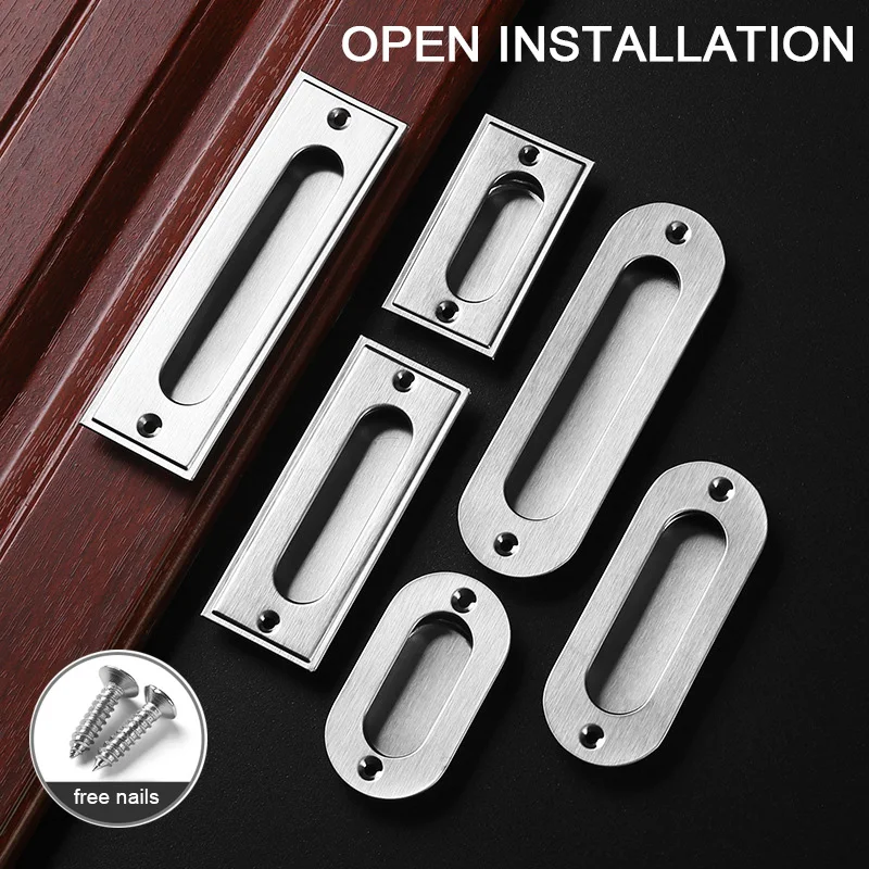 Stainless Steel Embedded Concealed Handle Drawer Cabinet Door Sliding Invisible Moving Door Open Installation Circular Handles