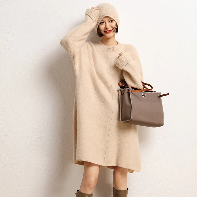 High-end New 100% Cashmere Long Sweater Dress Women Casual Knit Dresses Winter Female Loose Large Size O-Neck Elastic Pullover