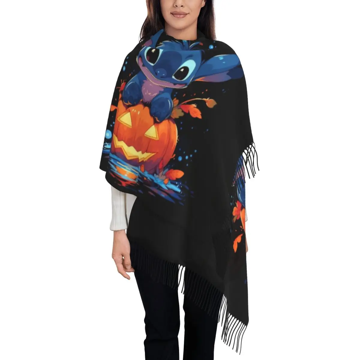 Custom Halloween Stitch Scarf Wrap Women Long Winter Fall Warm Tassel Shawl Unisex Disney Scarves