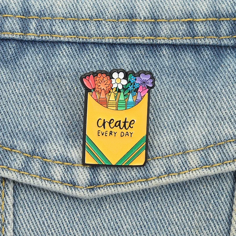 Creat Every Day Enamel Pins Colorful Crayons Brooches Lapel Badges Cartoon Floral Cute Clothes Jewelry Gift for Friends