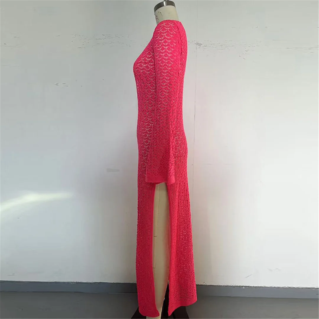 Ausgeschnittenes, langärmliges, hochgeschlitztes, gehäkeltes, gestricktes Tunika-Strandkleid, Strandkleid, Strandmode, Damen V8512 – Detail 28