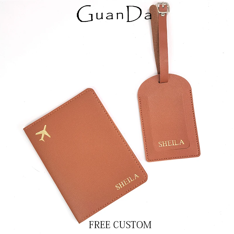 

Travel Custom Name Passport Holder Set Engraving Leather Luggage Tag Wholesale Suitcase Label Pendant Luxury Passport Cover Gift