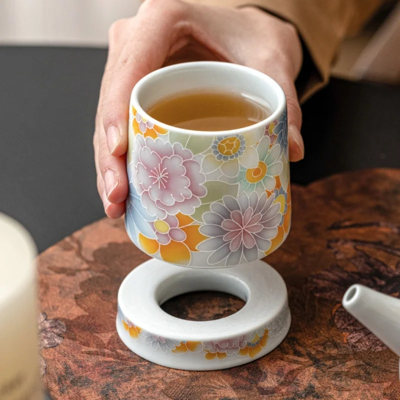 Vintage Style Rotating Tea Cup – Multi-Floral Motif, Chinese Cultural Souvenir, Ideal for Gongfu Brewing & Gifting