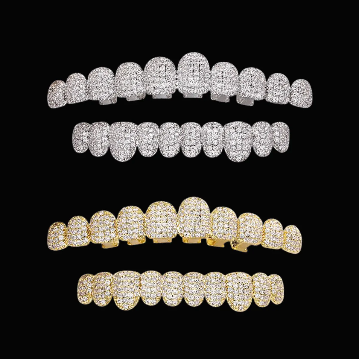 Premium Gold Plated Iced Out CZ Teeth Grillz - Full Shiny Micro Pave Cubic Zircon Top & Bottom Dental Grills for Hip Hop Rap