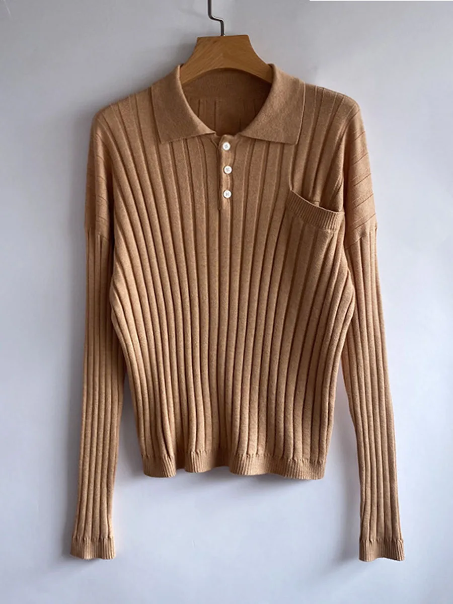 T Loose Version Polo Collar Drop Shoulder Loose Version Knit Sweater Ribbed Pullover Top Autumn And Winter Style