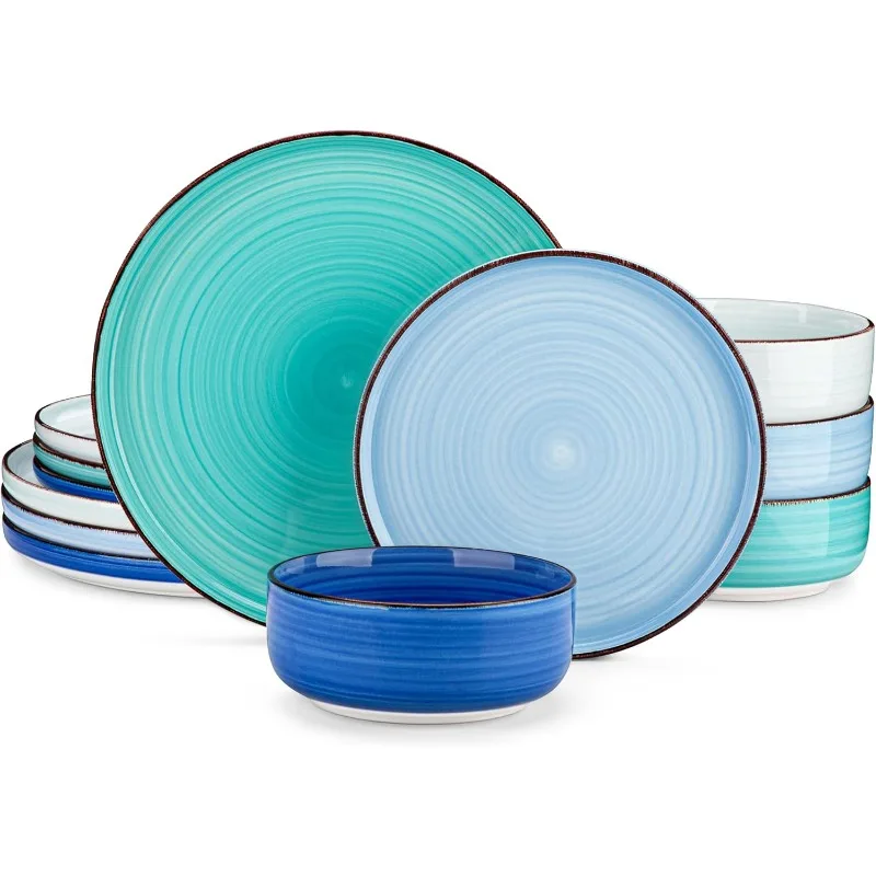 Bonita Blue Dinnerware Sets, Plates and Bowls Set for 4, 12 Pieces Stoneware Dinnerware Set, Dishwasher and Microwave Safe