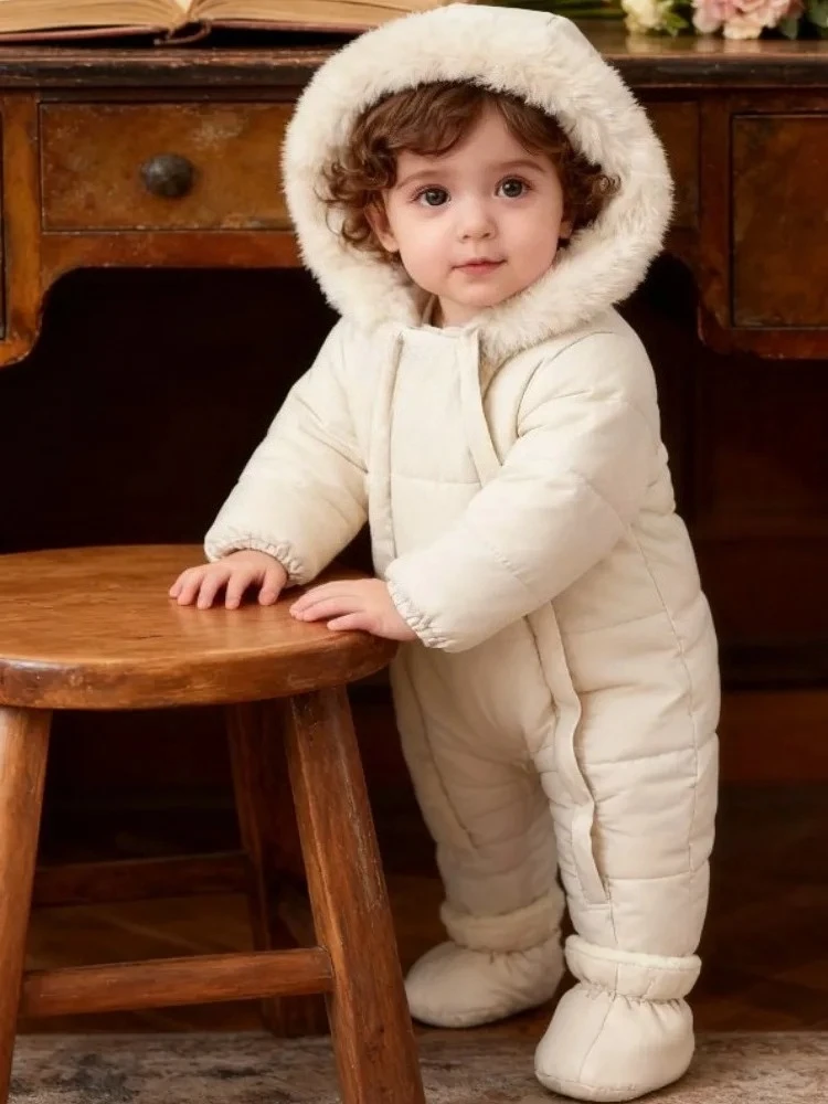 

Cute Baby jumpsuit winter thick cotton clothing baby hooded outerwear with fur collar and ankle cover climbing suit Rompers