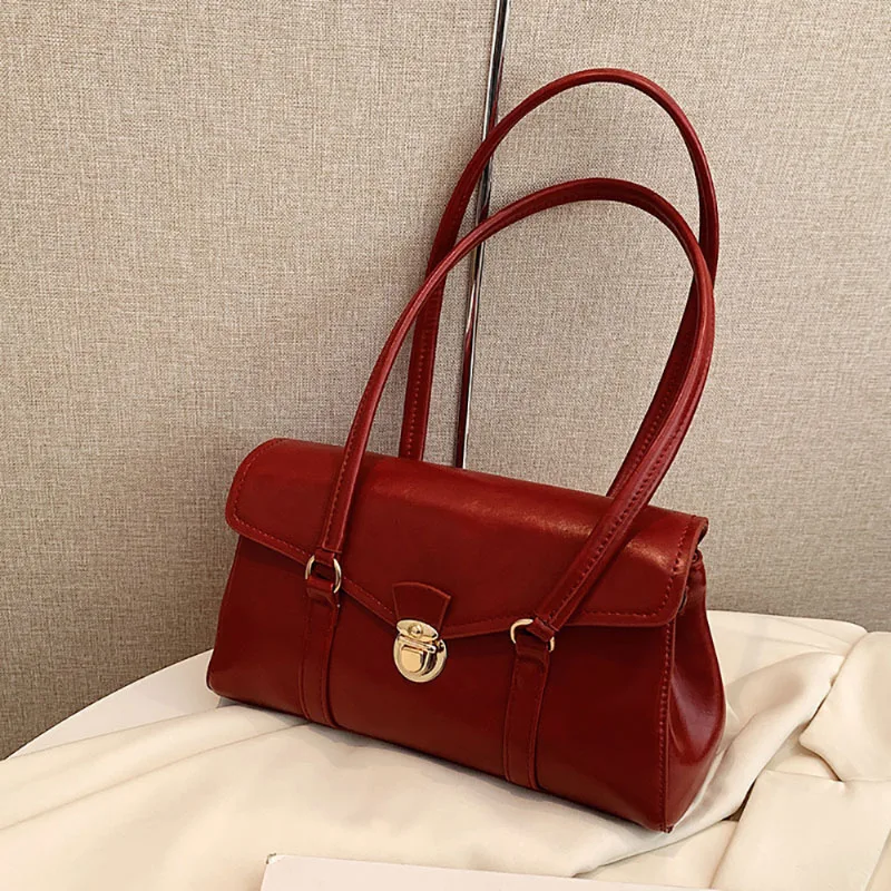 Vintage High-Grade Sense Underarm Tote Bag Women 2023 New Fashion Red Simple Style Korean Texture Commuter Portable Shoulder Bag