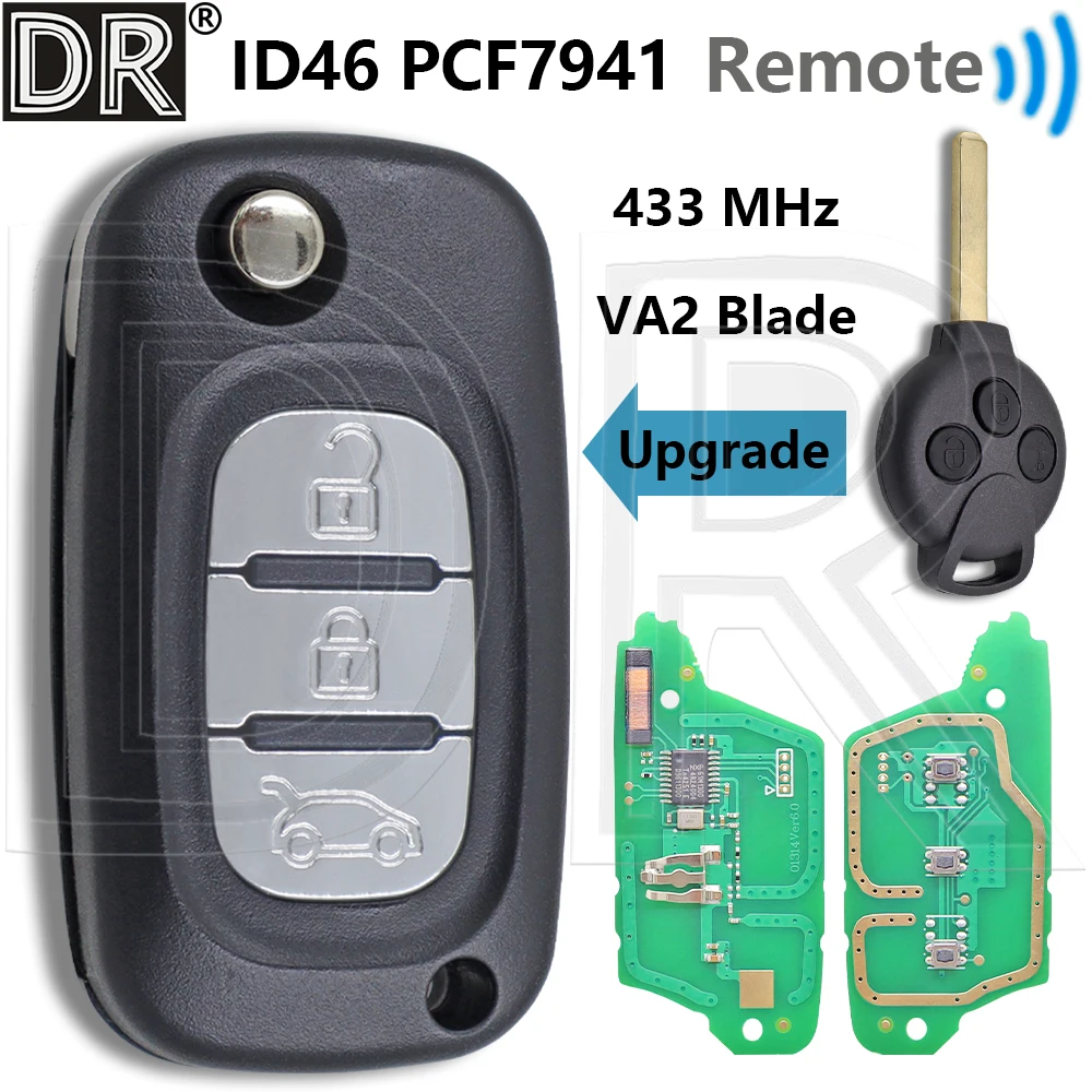 Great ID46 PCF7941 433MHz Modified VA2 Flip Car Remote Key For Mercedes Smart Benz Fortwo 451 2009 2007 2008 2010 2011 2012 2013