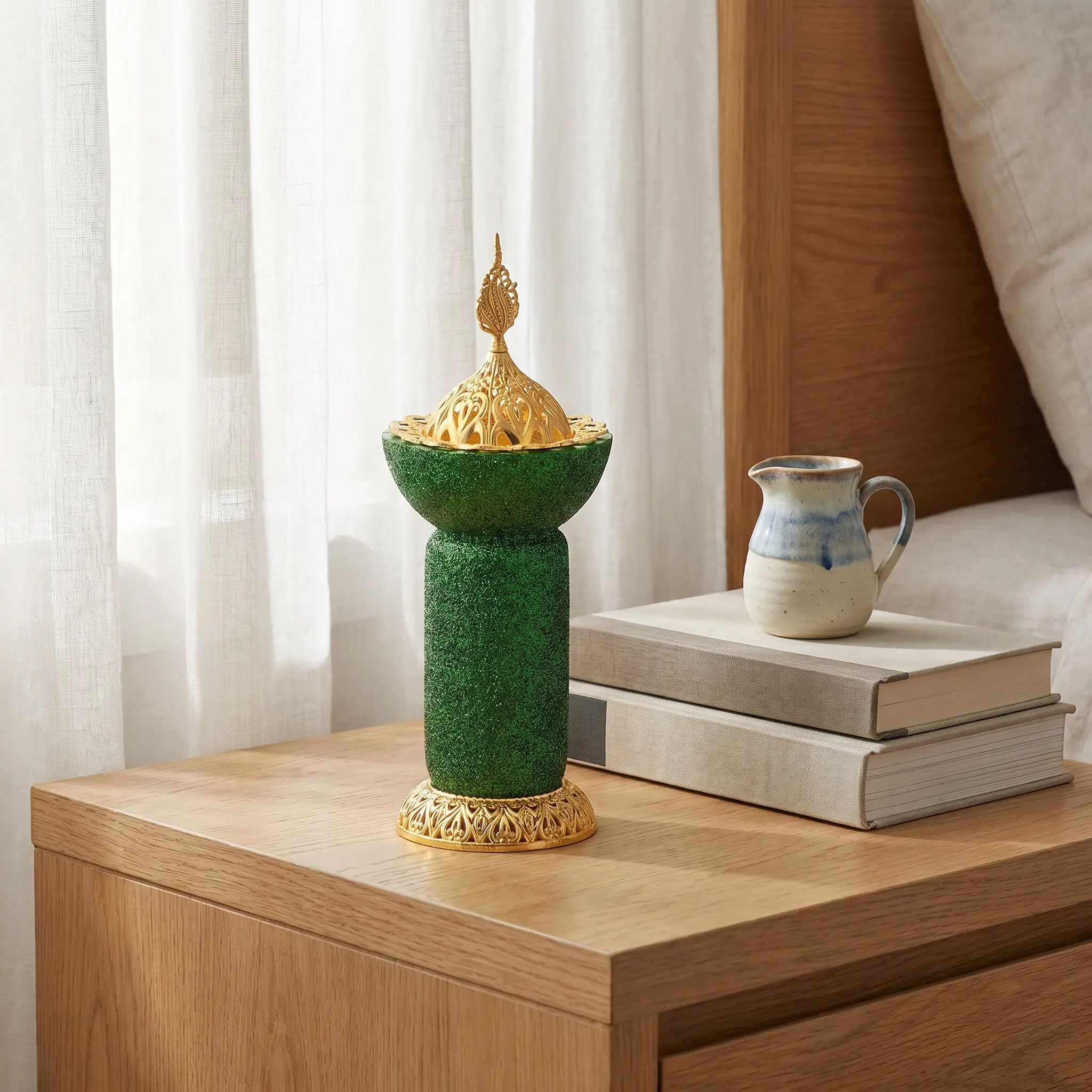 Frankincense Resin Incense Burner Tall Arabic Bukhoor Holder with Sequin Handle for Home Meditation Decor