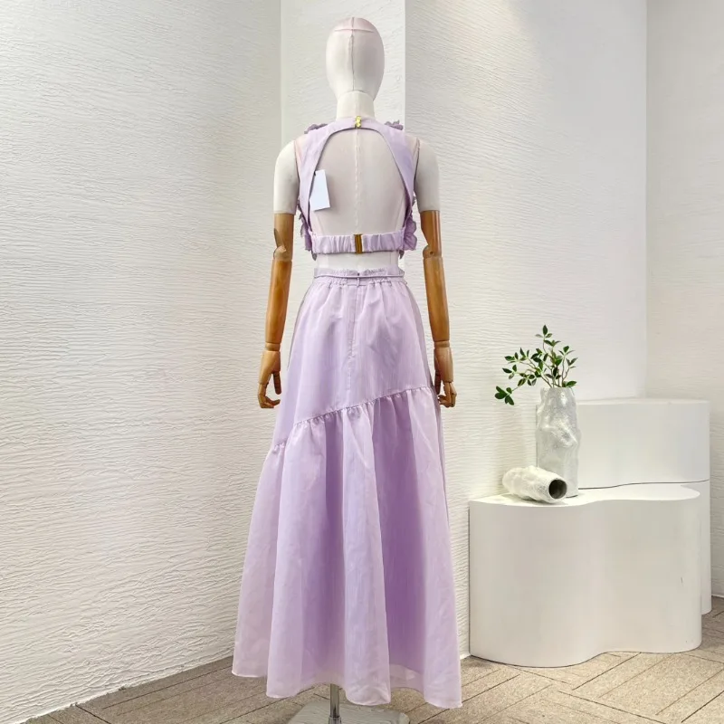 Ladies' Violet Purple Flowers Appliqued Sleeveless Backless Blouse Tops and Skirt Sets for New Year Spring/summer Holiday