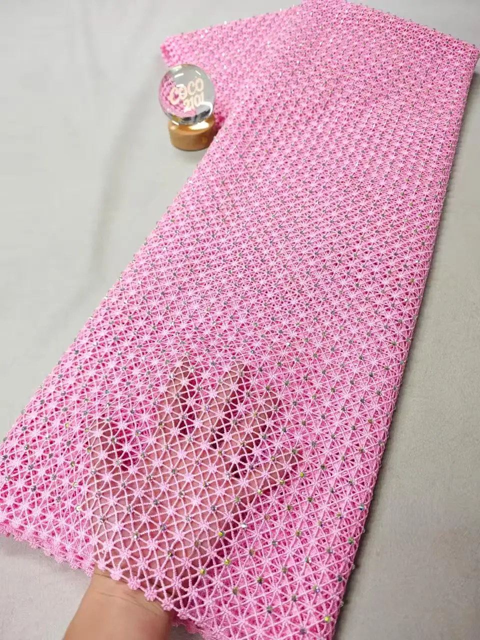 2027 High-Quality African Nigerian Embroidery Tulle Cotton Lace Fabric Wedding Party Golden Dress Sequins With Stone Bead XL237