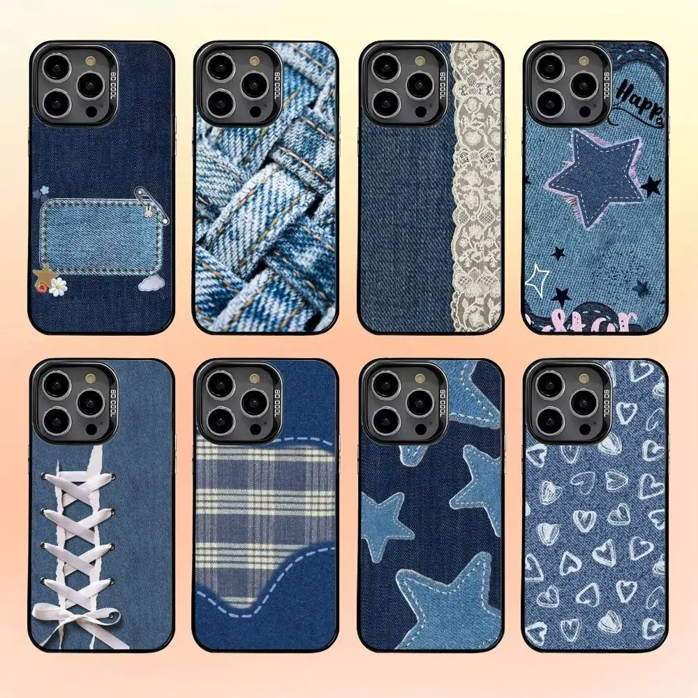 

Denim Patchwork Star Fabric Phone Case For iPhone 16,15,14,13,12,11,Pro,MAX Gray Matte Silicone Black Cover