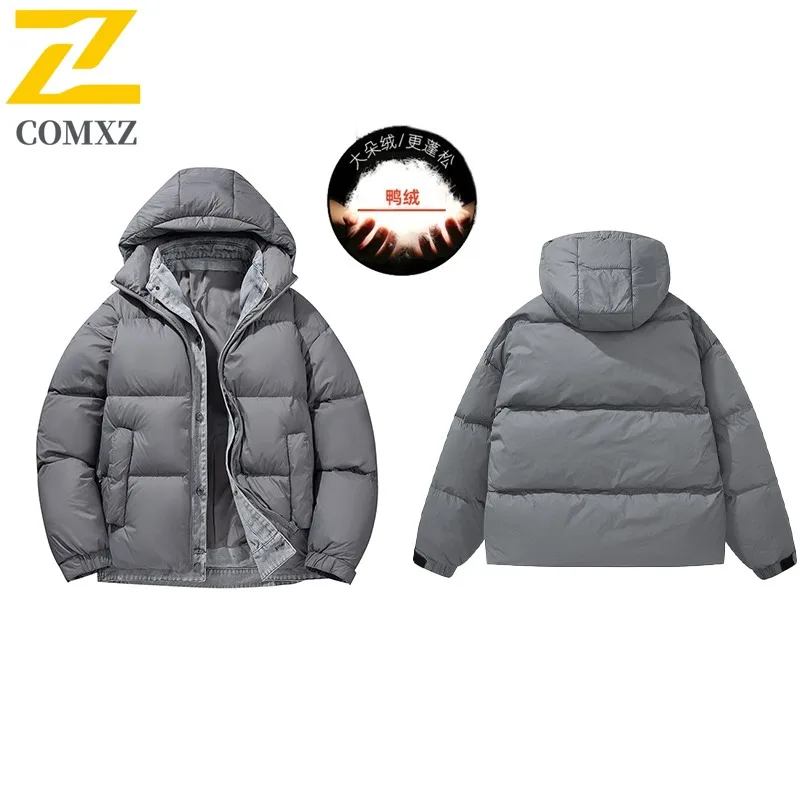 COMXZ Trendy Hooded Down Jacket Unisex Fake Two-Piece Korean Fashion Style Coat Climbing Plus Size Winter Wear Puffer Jacket