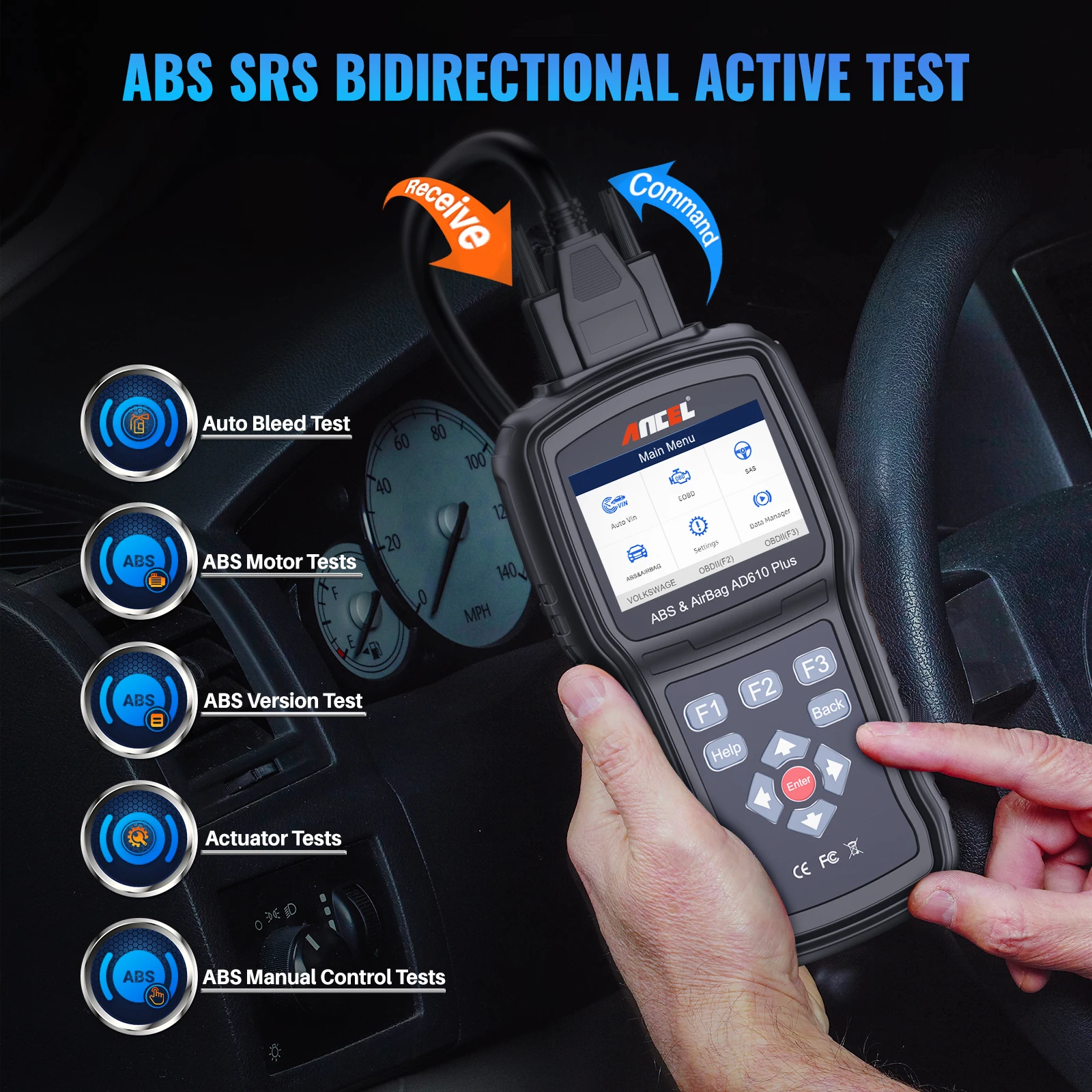 ANCEL AD610 Plus OBDII Scanner Bi-Directional Code Reader Check Engine Bleed Calibration SAS ABS SRS Reset Diagnostic Tools