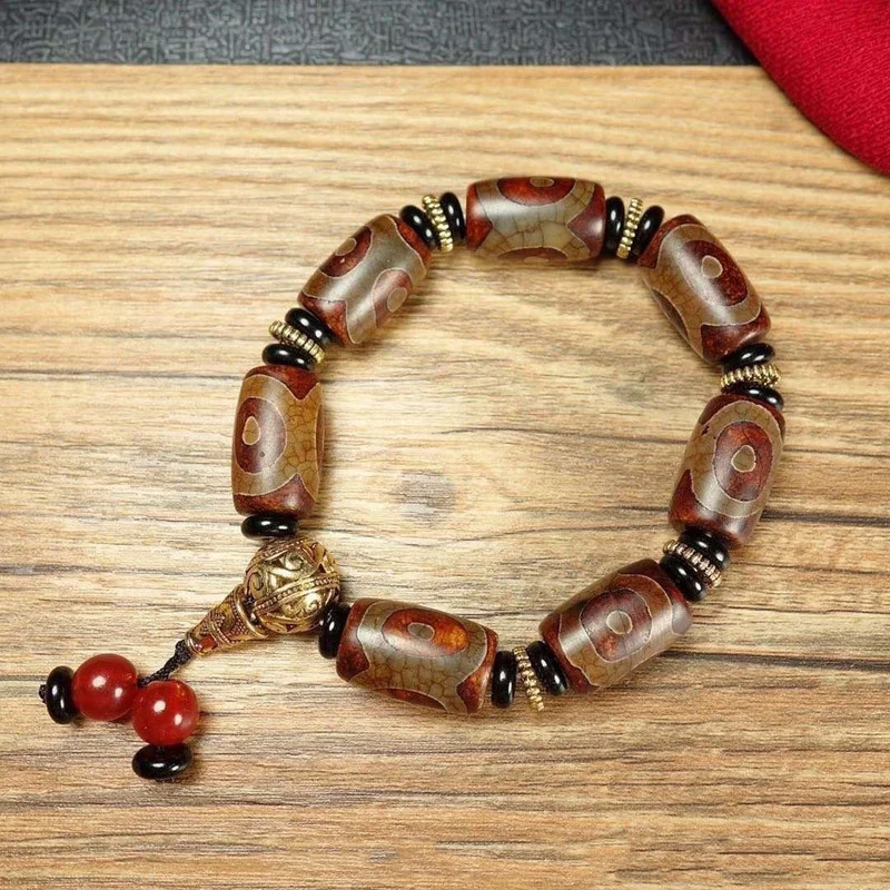 Tibetan Old Agate Three Eyes Original Stone Bucket Bead Bracelets Men's and Women's National Style Versatile Bracelet