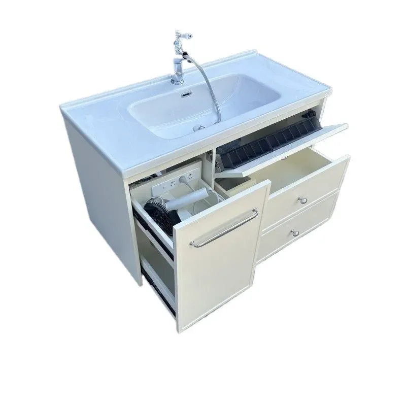 Solid Wood Bathroom Vanity with Ceramic Basin Pull Out Basket Hair Dryer Socket Integrated Sink Cabinet Combo
