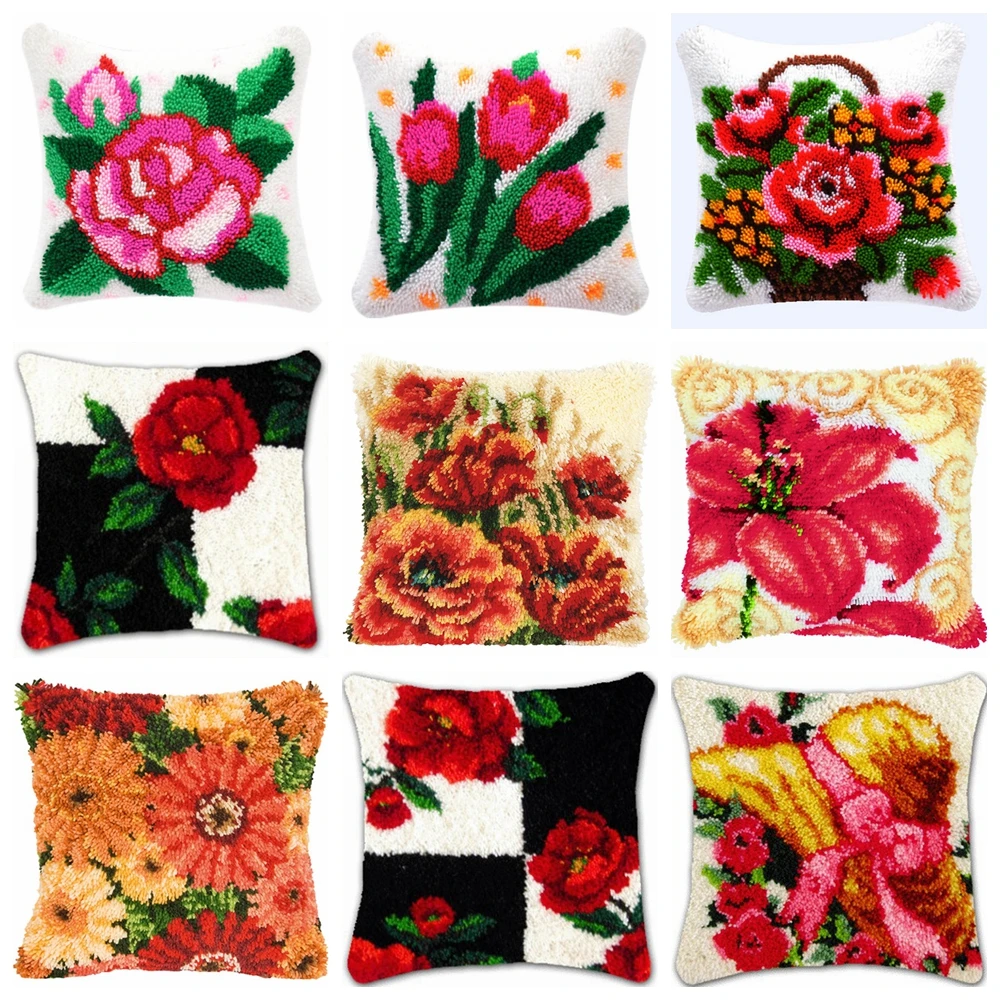 Flower Latch Hook Pillow Smyrna Package Hooks Hand Knitted Embroidered Carpet Pillow Embroidery Latch Hook Kits Cross Stitch Kit