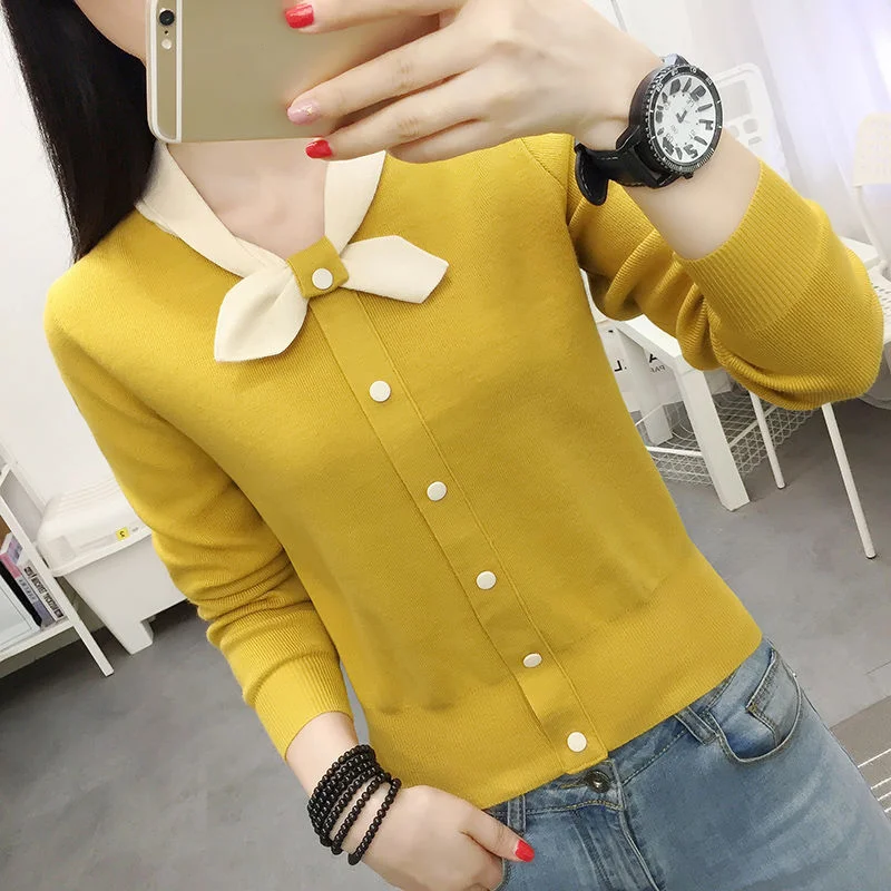 

Women's Autumn Winter New Knitted Top Bow Neck Slim Fit Sweater Long Sleeve Knitwear Short Top