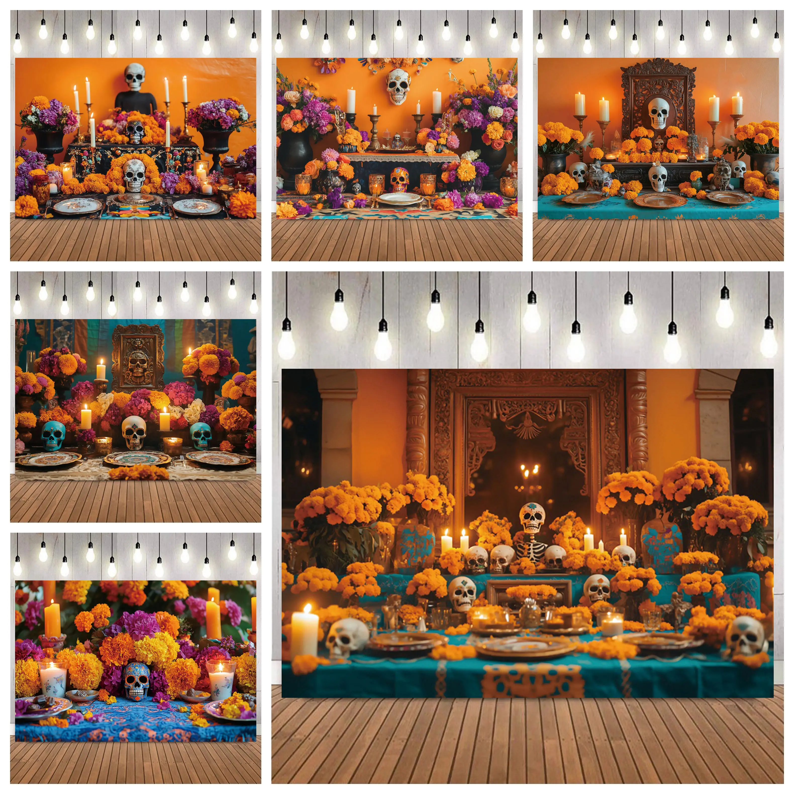 Mexican Carnival Day of The Dead Backdrop Colorful Flowers Candle Skull Fiesta Cinco DeMayo Party Home Decor Photo Background
