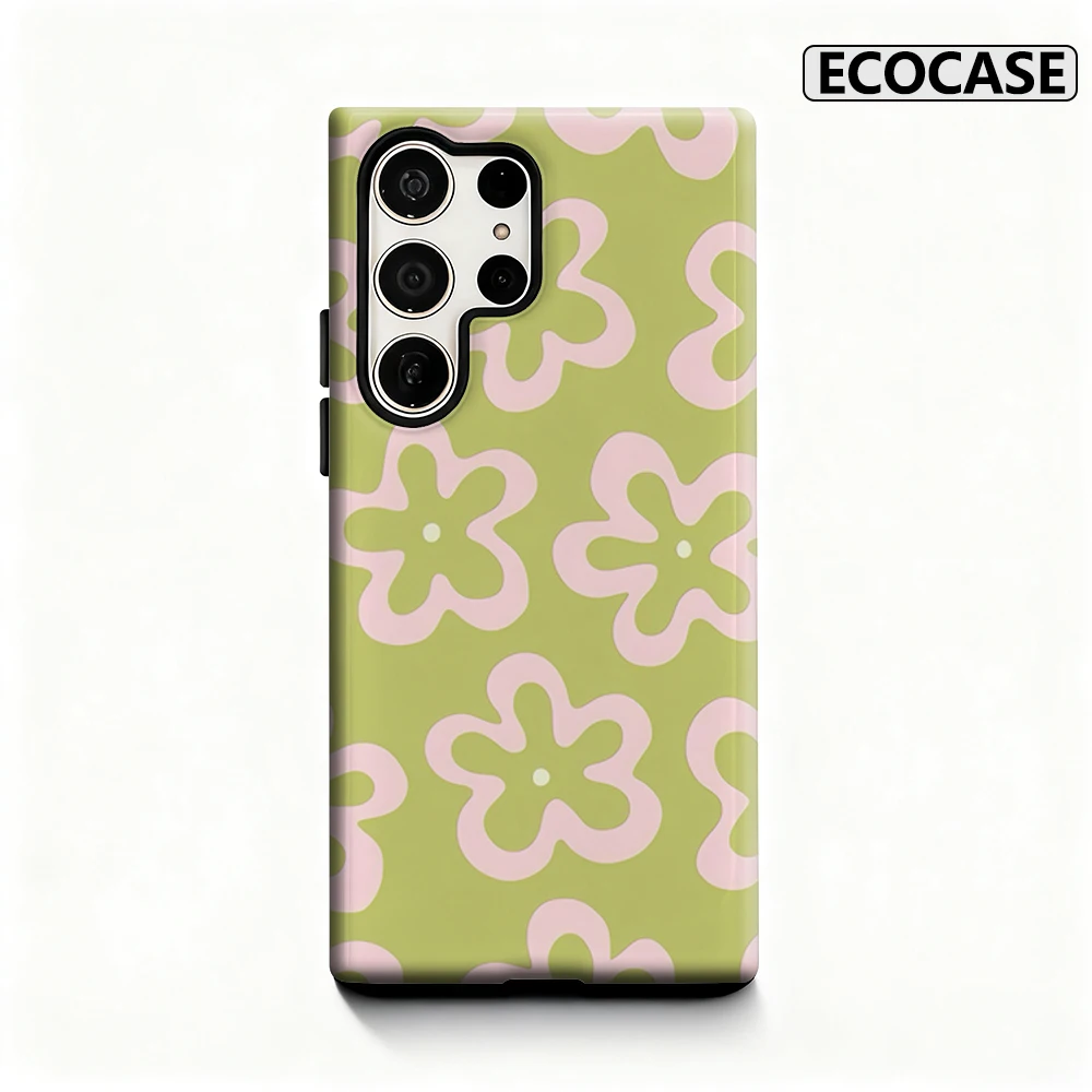 Retro-Handyhülle mit rosa Blumenmotiv für Samsung Galaxy S25 Ultra S24 S23 Ultra Plus, glänzende doppellagige Rückseite