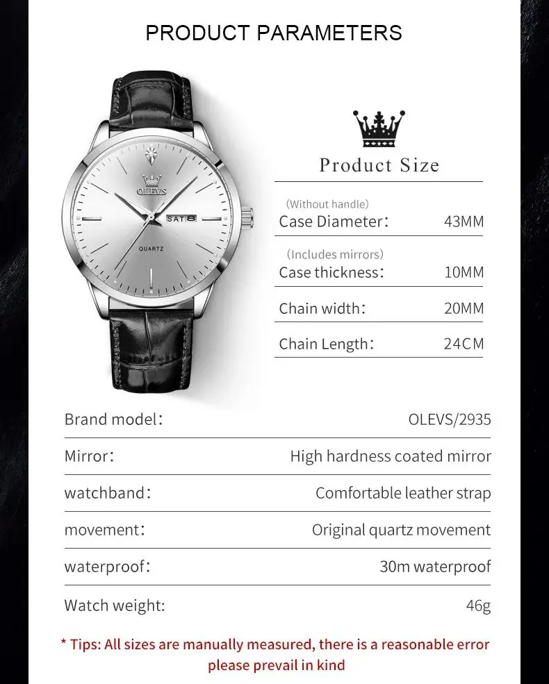 OLEVS 2935 Fashion Top Brand Quartz Watch For Men 43mm Big Dial Leather Wristwatch Dual Calendar Waterproof Luminous Man Watches