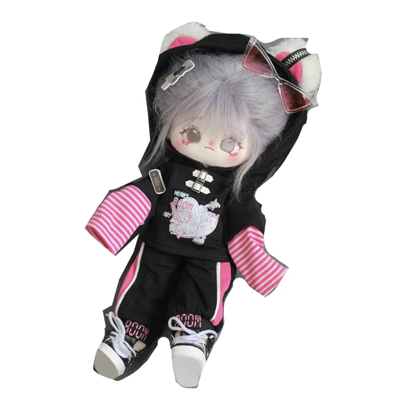 30 cm Plüsch Spielzeug Puppe Kleidung Süße Kühle Gedruckt Gestreiften Patchwork Lange Ärmeln Mit Kapuze Top Hosen Mode Set Puppe Zubehör spielzeug